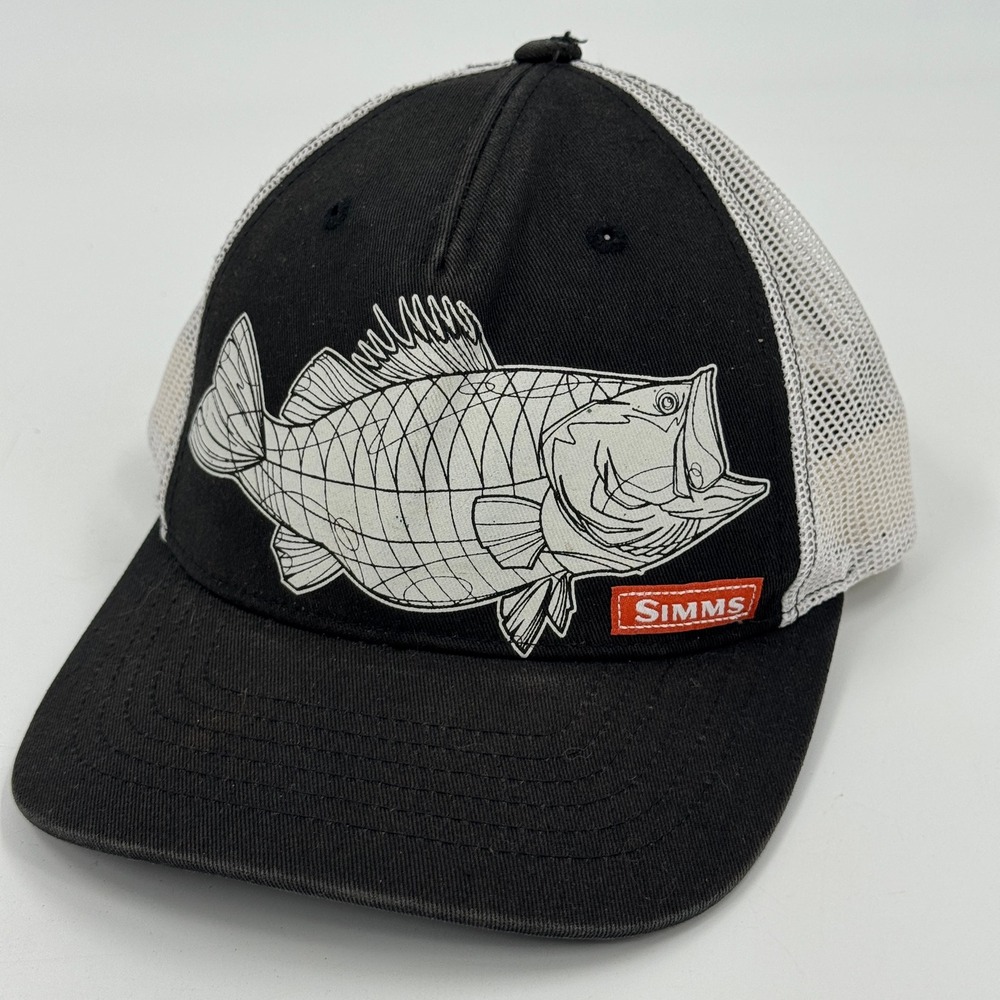 Simms Fishing Products Trucker Hat Mens OSFA Black White Bass Fish Snapback - Picture 9 of 9